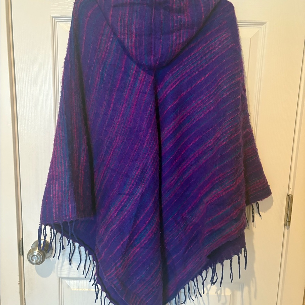 Purple Hooded Poncho with Fringe - Picture 2 of 2